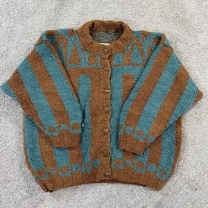 Vntg Tara Hand knits Sweater Cardigan 100% Handspun Wool Funky Pattern Nepal